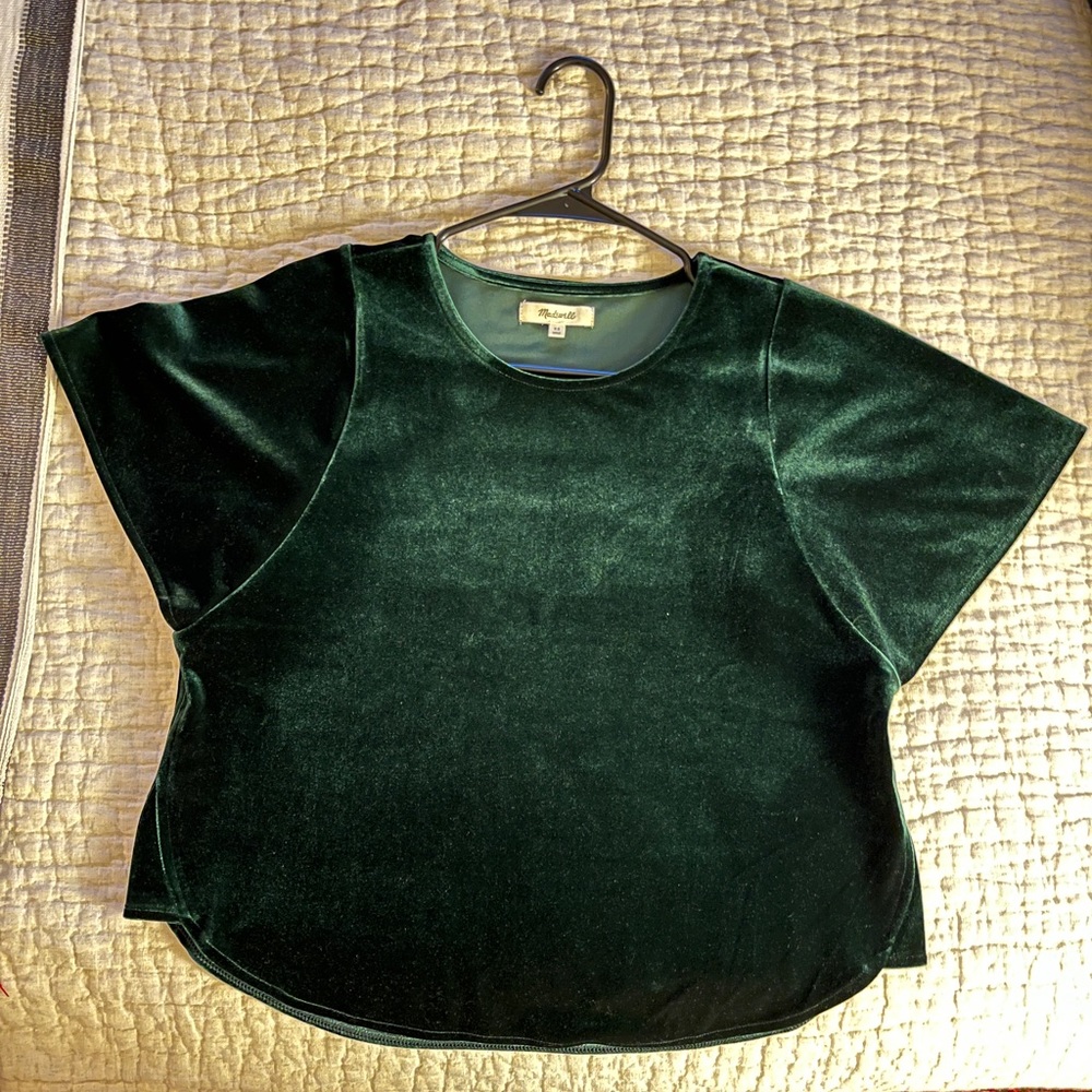Madewell Dark Green Velvet Butterfly Flutter Sleeve Loose Fit Top Size XS
